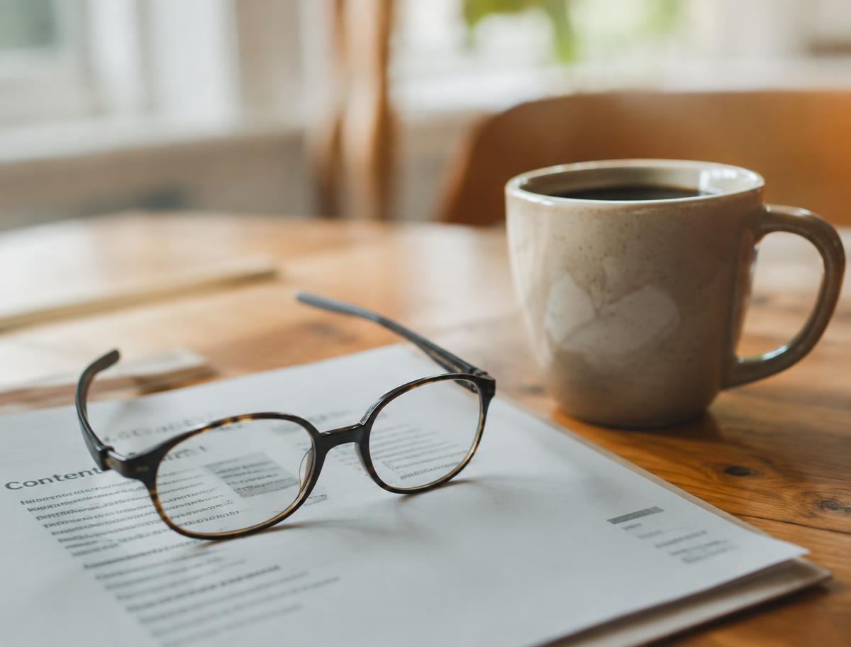 Reading glasses on papers beside a coffee mug