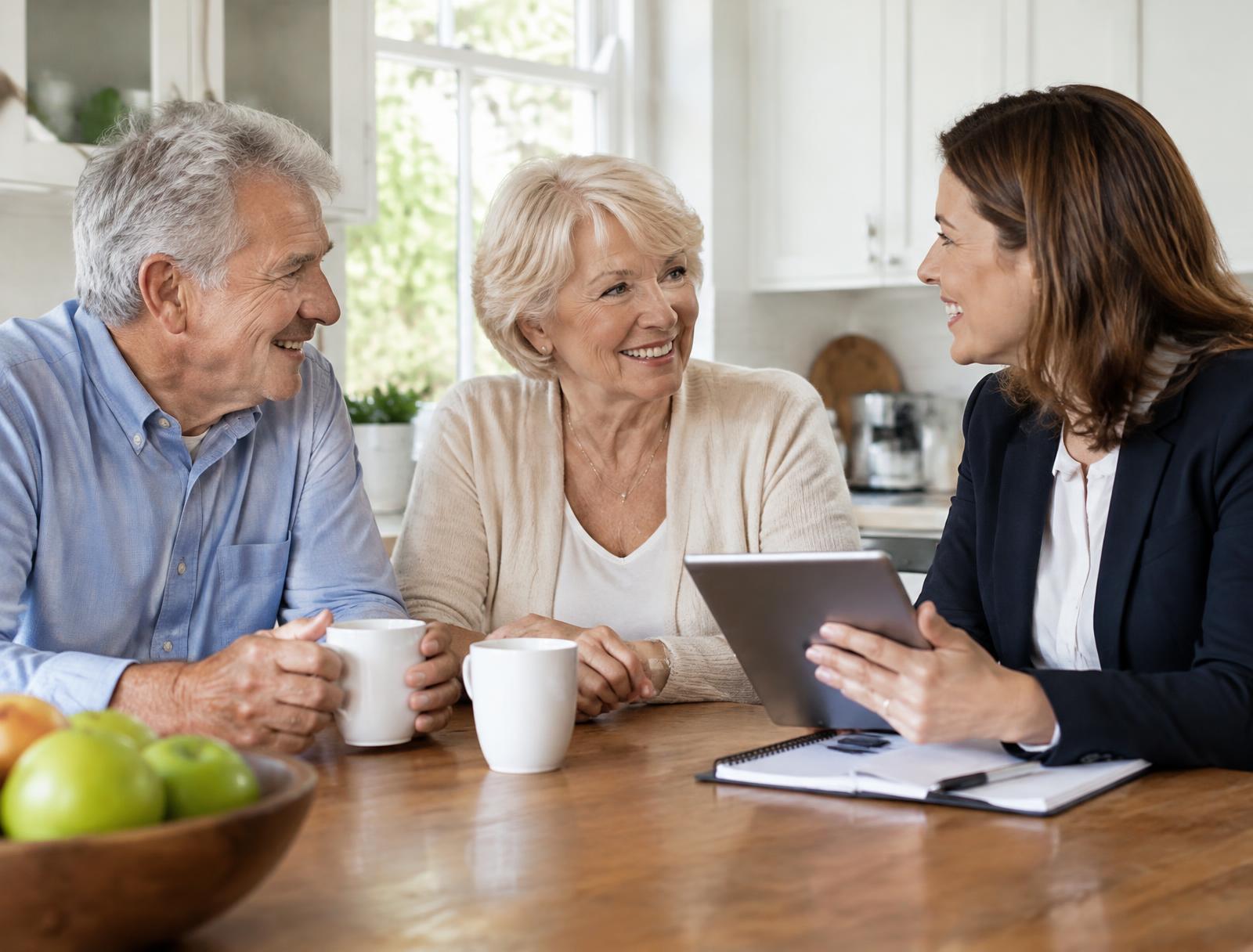 A smiling older couple talking with a friendly licensed insurance agent at their kitchen table